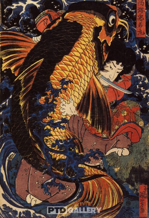 Saito Oniwakamaru cậu bé Benkei chiến đấu với con cá chép khổng lồ ở thác Bishimon Utagawa Kuniyoshi